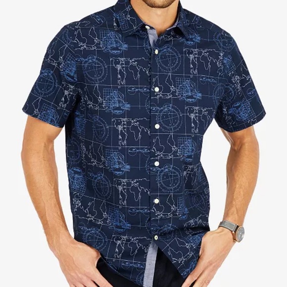 Nautica Men's Dark Blue Map Print Shirt - Picture 1 of 8